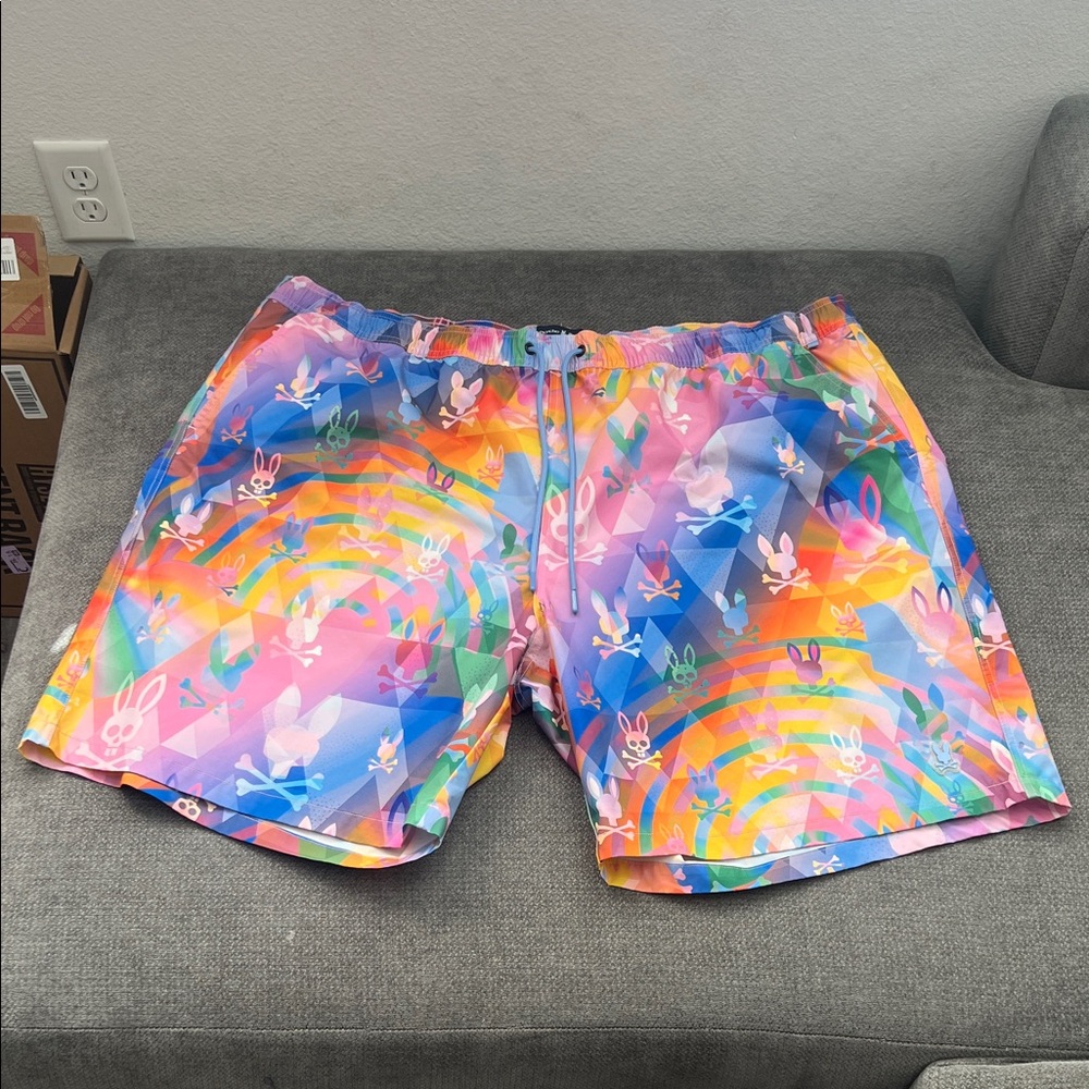 Psycho Bunny Men’s Multicolor Rainbow Bunny Print Flat Front Shorts
